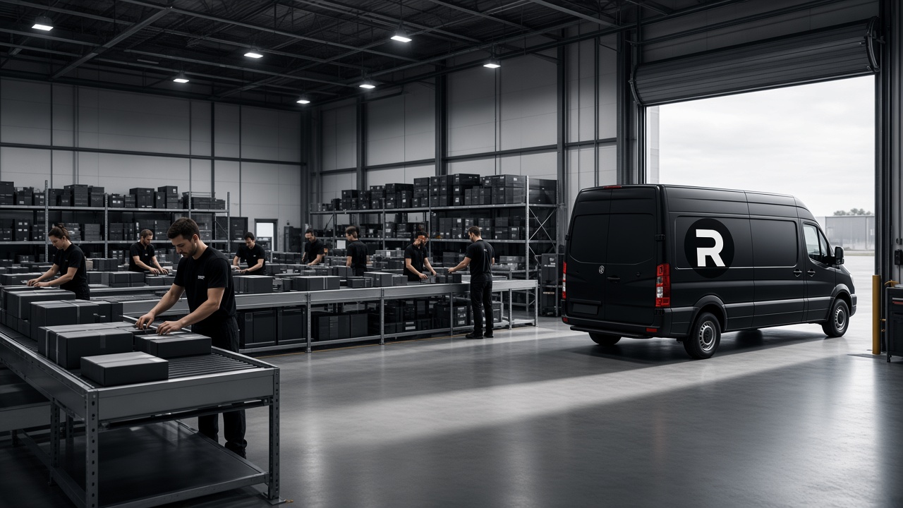Ryde last mile hub warehouse with the Ryde R on a van